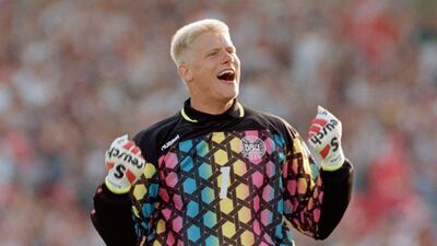 Peter Schmeichel of Denmark celebrates a goal against Germany in the final of Euro '92 in Gothernburg, Sweden. Getty Images