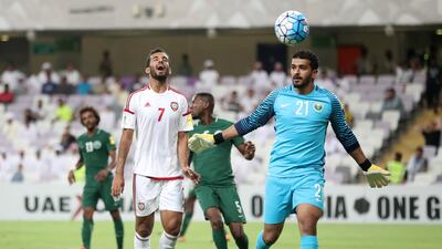 UAE striker Ali Mabkhout rues a missed opportunity at Hazza bin Zayed Stadium on Tuesday. Chris Whiteoak / The National