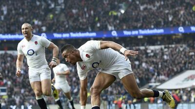 England’s Anthony Watson (C) scores a try during the Six Nations rugby match between England and Wales at Twickenham Stadium, London, Britain, 12 March 2016. EPA/FACUNDO ARRIZABALAGA