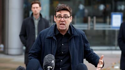 Andy Burnham, mayor of Manchester, holds a news conference on Tuesday. Mr Burnham has been seeking more financial support for workers and businesses affected by the Covid-19 restrictions in his region of almost 3 million people. Reuters