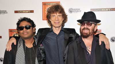 Composer AR Rahman, singer Mick Jagger and musician Dave Stewart of SuperHeavy. Getty Images