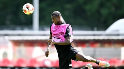 FRANKFURT AM MAIN, GERMANY - MAY 17: Evan Ndicka of Eintracht Frankfurt heads the ball during a Eintracht Frankfurt Training Session at Deutsche Bank Park on May 17, 2022 in Frankfurt am Main, Germany. Eintracht Frankfurt will face Rangers FC in the UEFA Europa League final on May 18, 2022. (Photo by Alexander Scheuber / Getty Images)