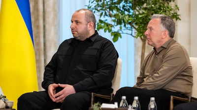 Rustem Umerov, Secretary of the National Security and Defense Council of Ukraine, left, and Steve Witkoff, US Special Envoy, at Al Shati Palace