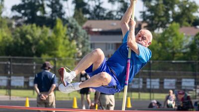 Robert Arledge, 90, competes in the men's pole vault (90-94 age bracket).