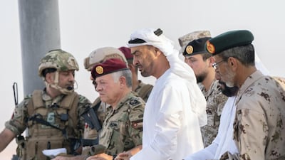 Lt General Hamad Thani Al Romaithi, Chief of Staff UAE Armed Forces, Sheikh Mohamed bin Zayed, Crown Prince of Abu Dhabi and Deputy Supreme Commander of the UAE Armed Forces and King Abdullah II, King of Jordan, attend the UAE and Jordan joint military drill.