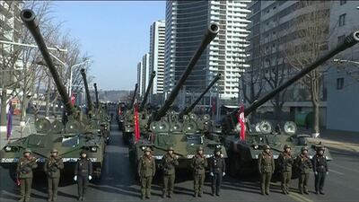 Military tanks are seen during a parade in Pyongyang, North Korea Thursday, Feb. 8, 2018. KRT / AP