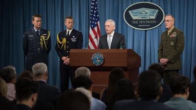 US Defense Secretary James N. Mattis and the Chairman of the Joint Chiefs of Staff, Marine Gen. Joseph F. Dunford, Jr., briefing reporters on the current US air strikes on Syria during a joint press conference at the Pentagon in Washington. Sgt. Amber Smith / EPA