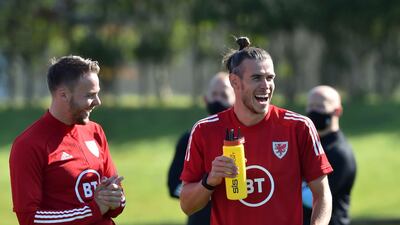 Wales' Gareth Bale all smiles during training. PA