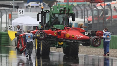 Charles Leclerc's damaged Ferrari after he crashed. AP Photo