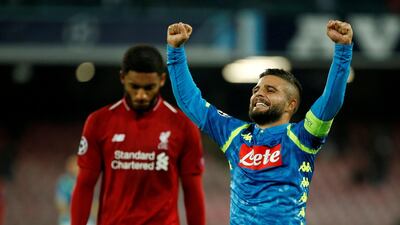 Soccer Football - Champions League - Group Stage - Group C - Napoli v Liverpool - Stadio San Paolo, Naples, Italy - October 3, 2018 Napoli's Lorenzo Insigne celebrates after the match REUTERS/Ciro De Luca TPX IMAGES OF THE DAY