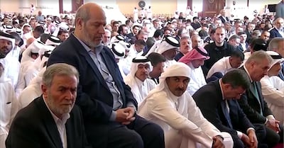 Emir of Qatar Sheikh Tamim at the funeral of Hamas political leader Ismail Haniyeh. Photo: Qatar TV / Reuters