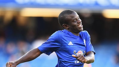 N'Golo Kante of Chelsea warms up prior to the Premier League match against West Ham on Monday. Mike Hewitt / Getty Images / August 15, 2016
