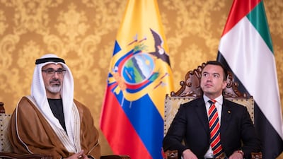 Sheikh Khaled bin Mohamed, Crown Prince of Abu Dhabi, with Daniel Noboa, President of Ecuador. Abu Dhabi Media Office