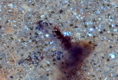 Fire and smoke at Zamzam camp near El Fasher in April 2025. Maxar Technologies / AFP