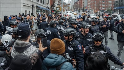 Anti-riot police try to disperse the crowd after an anti-Muslim event outside New York Mayor Zohran Mamdani's residence in New York, on March 7. EPA