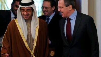 Sheikh Abdullah bin Zayed Al Nahayan, the UAE minister of foreign affairs, speaks with his Russian counterpart, Sergei Lavrov, in Moscow on Monday.