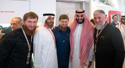 Saudi Crown Prince Mohammed bin Salman and Sheikh Mohamed bin Zayed, Crown Prince of Abu Dhabi and Deputy Supreme Commander of the Armed Forces, pictured with Chechen President, Ramzan Kadyrov (centre) and other guests at the Abu Dhabi Grand Prix.