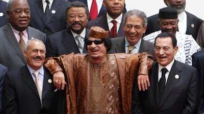Hosni Mubarak with other Arab leaders who lost power during widespread protests in the region; Libya's Muammar Qaddafi, centre, and then Yemeni President Ali Abdullah Saleh at the second Afro-Arab Summit in Sirte, Libya October 10, 2010. Reuters