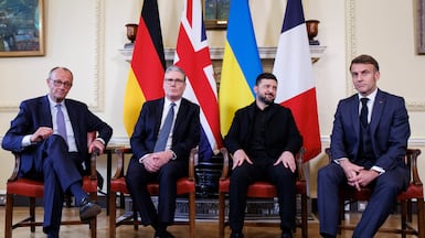 From left: Friedrich Merz, Keir Starmer, Volodymyr Zelensky and Emmanuel Macron at 10 Downing Street. EPA