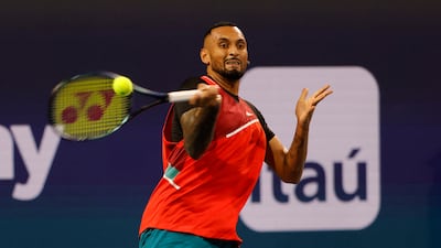 Nick Kyrgios hits a forehand to Adrian Mannarino during their first round match at the Miami Open on Wednesday night. Reuters