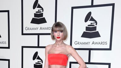 2016: Taylor Swift arrives for the 58th annual Grammy Awards wearing this block colour two-piece by Atelier Versace. EPA