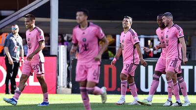 WASHINGTON, DC - MARCH 16: Luis Suarez #9 of Inter Miami celebrates after scoring his second goal of the game against D. C. United during the second half at Audi Field on March 16, 2024 in Washington, DC. Tim Nwachukwu / Getty Images / AFP (Photo by Tim Nwachukwu / GETTY IMAGES NORTH AMERICA / Getty Images via AFP)