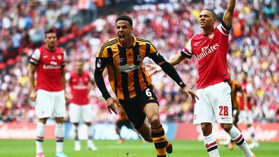 Curtis Davies of Hull City celebrates after scoring his team's second goal against Arsenal in the FA Cup final on Saturday. Clive Mason / Getty Images / May 17, 2014