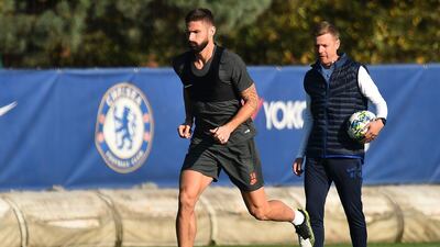 Chelsea striker Olivier Giroud attends a training session at Chelsea's Cobham training facility in London. AFP