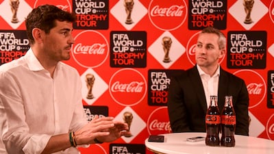 Iker Casillas, the former Real Madrid and Spain goalkeeper, speaks during the Fifa World Cup Trophy Tour at Coca Cola Arena, Dubai.
