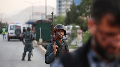 Afghan security forces cordon the area after multiple explosions targeted a political gathering where Amrullah Saleh the first voice president candidate for Ashraf Ghani's electoral team was also present in the gathering, Kabul, Afghanistan. According to initial reports, at least six people were wounded and more causalities are feared to have fallen in the explosions. EPA