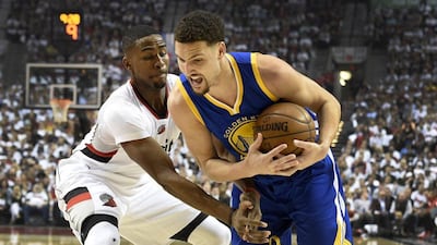 Maurice Harkless of the Portland Trail Blazers defends Klay Thompson of the Golden State Warriors during the first quarter of Game 4 of the Western Conference semi-finals during the 2016 NBA Play-offs at the Moda Center on May 9, 2016 in Portland, Oregon. Steve Dykes/Getty Images/AFP