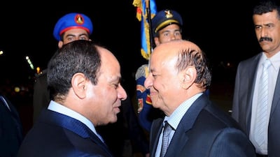 Egypt's President, Abdel Fatteh El Sisi greets Yemen's President Abdrabu Mansur Hadi upon his arrival at Sharm El Sheikh for an Arab League summit which will focus on the Saudi-led military campaign against his Houthi militia opponents. REUTERS/Egyptian Presidency
