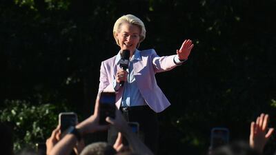 Ursula von der Leyen, president of the European Commission, speaks during the Global Citizen Festival. AFP
