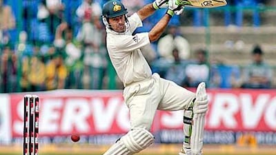 Australia’s Ricky Ponting drives on his way to making 77 against India yesterday.