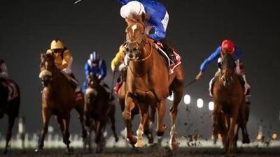 Hunter’s Light, centre, looked formidable in the Group 1 Al Maktoum Challenge Round 3 at Meydan Racecourse on Saturday.