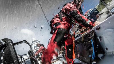 Rolling over waves at 25 knots, water crashing over the deck, this moment captured on Team Vestas Wind during a run in the Bay of Biscay shows how hectic life aboard a Volvo Ocean 65 can be at times. Brian Carlin / Team Vestas Wind