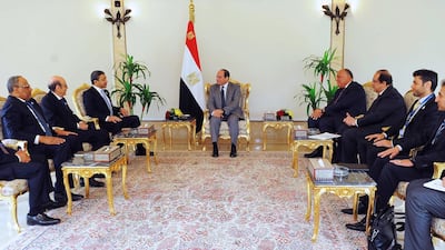 Egyptian President Abdel Fattah El Sisi meets Sheikh Abdullah bin Zayed, Minister for Foreign Affairs and International Cooperation, and his delegation at the Presidential Palace in Cairo on March 18, 2018. Egyptian Presidency handout / AFP
