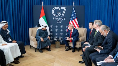 President Sheikh Mohamed meets US President Donald Trump at the G7 summit in Evian, France. UAE Presidential Court