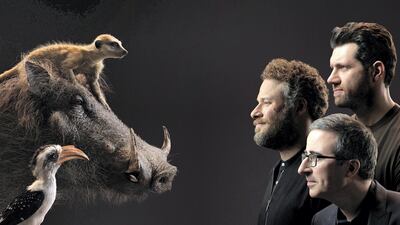 From top: Timon and Billy Eichner, Pumbaa and Seth Rogen, and Zazu and John Oliver. Photo by Kwaku Alston / Disney Enterprises, Inc.