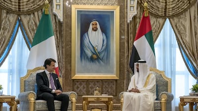 Sheikh Mohamed bin Zayed meets with Giuseppe Conte at the Presidential Palace. Hamad Al Kaabi / Ministry of Presidential Affairs