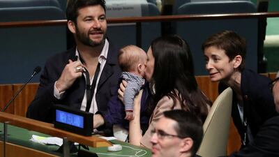 New Zealand Prime Minister Jacinda Ardern attended the session with daughter Neve and husband Clarke Gayford. Reuters