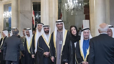 From right: Dr Anwar Gargash, Minister of State for Foreign Affairs, Reem Ibrahim Al Hashimi, Minister of State for International Cooperation, Dr Sultan Al Jaber, Minister of State, Chairman of Masdar and Chief Executive of Adnoc Group, Mohamed Ahmad Al Bowardi, Minister of State for Defence Affairs, Khaldoon Khalifa Al Mubarak, Chief Executive and Managing Director, Mubadala, and Chairman of the Abu Dhabi Executive Affairs Authority, Mohamed Al Murr, former Speaker of the Federal National Council, and other dignitaries attend a dinner reception at Rashtrapati Bhavan. Mohamed Al Hammadi / Crown Prince Court - Abu Dhabi