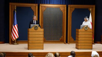 Mr Blinken and Qatar's Prime Minister Mohammed bin Abdulrahman Al Thani after their meeting in Doha. AFP