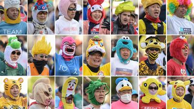 (COMBO) This combination of images shows various headgear worn by runners during the Tokyo Marathon shortly after the start of the race in the Shinjuku area of downtown Tokyo on March 3, 2024. (Photo by Richard A. Brooks / AFP)