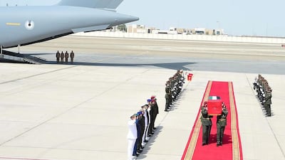 The body of one of the 45 Emirati soldiers arrives at Al Bateen Airport in Abu Dhabi on Monday after identification in Saudi Arabia. Wam