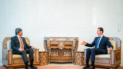 Sheikh Abdullah bin Zayed, Minister of Foreign Affairs and International Co-operation, meets Syrian President Bashar Al Assad in Damascus. Photo: Wam