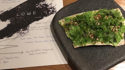 Pea, gorgonzola and mint granita buckwheat at Lowe's Waste Not supper in Dubai. Sophie Prideaux / The National