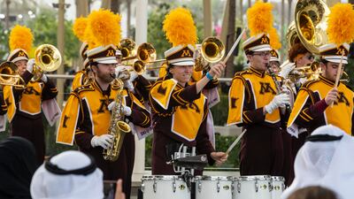 The marching band of the University of Minnesota performs.