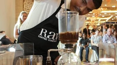 Raja Muthusamy, from the RAW coffee company, prepare his coffee to the judge of the barista championship at Jumeirah The Meydan hotel.