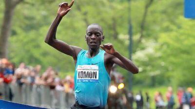 Leonard Patrick Komon crossing the finishing line at the UAE Healthy Kidney 10km race. The Kenyan won the UAE-backed New York race for the second time, leading throughout to claim victory in 27 minutes 58 seconds. Courtesy New York Road Runners